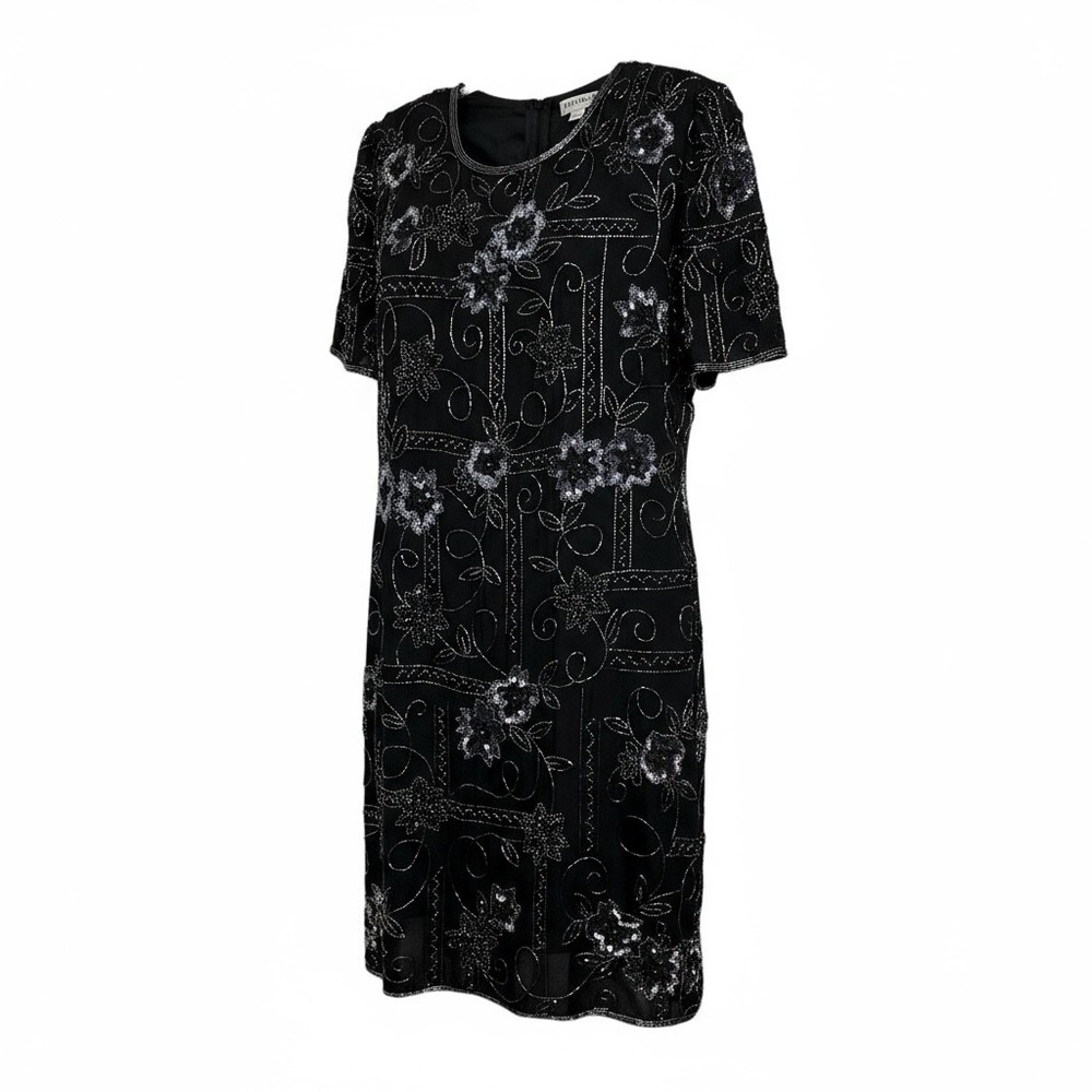Vintage Night Vogue Black Silk Beaded Floral Short Sleeve Cocktail Dress Size S